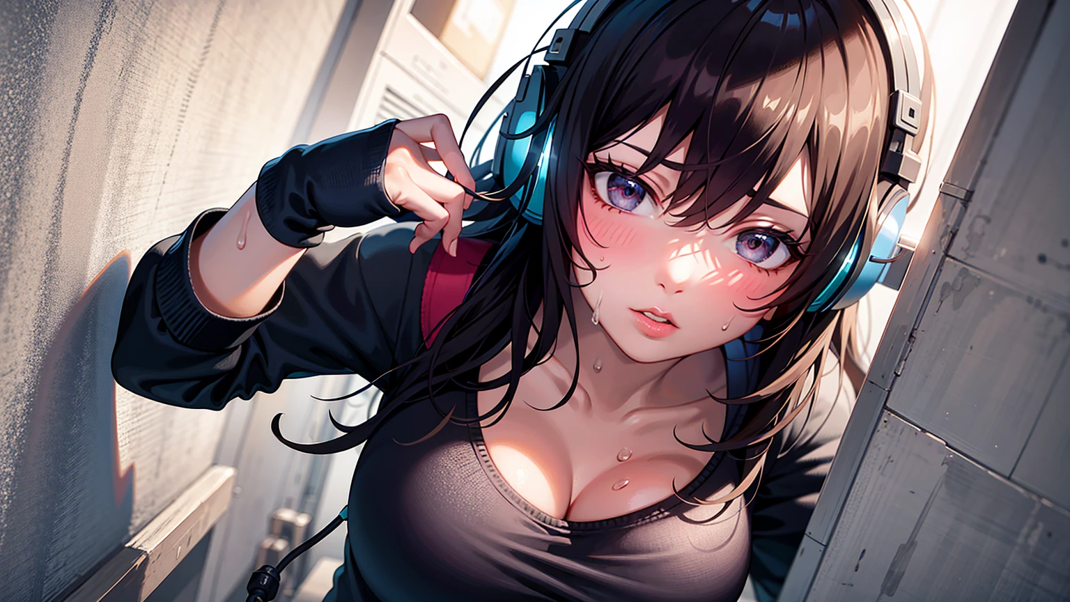 (best quality), ((masterpiece)), (highres), illustration, original, extremely detailed,1girl, headphones, sweat, medium breast, shy, detailed hand, looking at viewer, lips apart, dynamic shadows