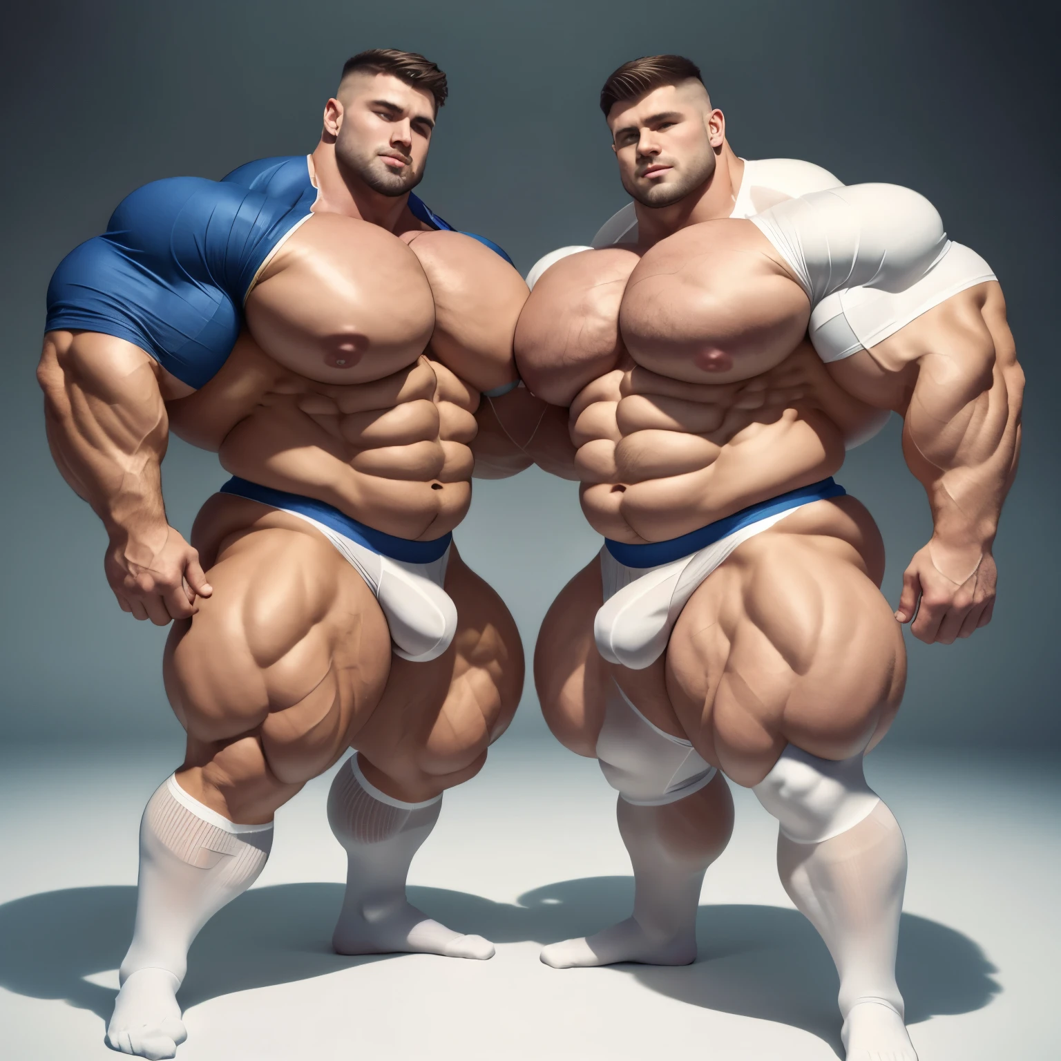 HQ photo, detailed faces, full body view, two shirtless beerbellied over-muscular bloated white european heavyweights males with undercut clean haircuts, lycra jumpsuits, in white pro sheer socks , overfed like obese gorets, over-muscular and fatly obese, posing flexing over-inflated triple-biceps . their pecs and bulges are touching. Their socks must be seen