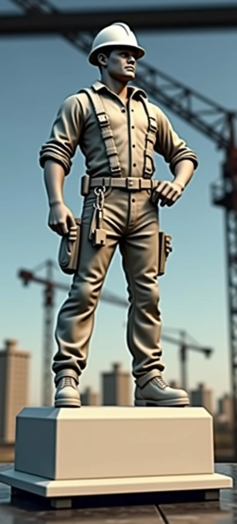 Create a statue of a modern construction foreman with the head from the image prompt, 1,74 inches tall a slightly large belly 55 years old, Caucasian skin, wearing a white helmet, construction clothes and on his belt, a bunch of keys (car key, house and construction), a normal train