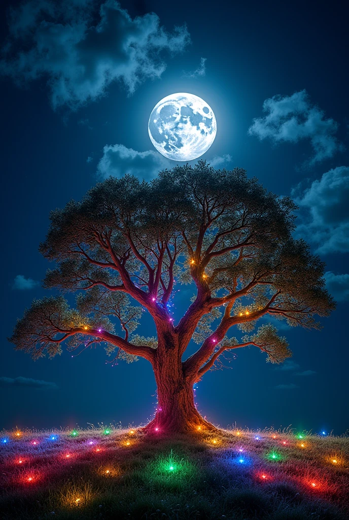 Moon at night surrounded by lights of all colours with a tree at the centre.