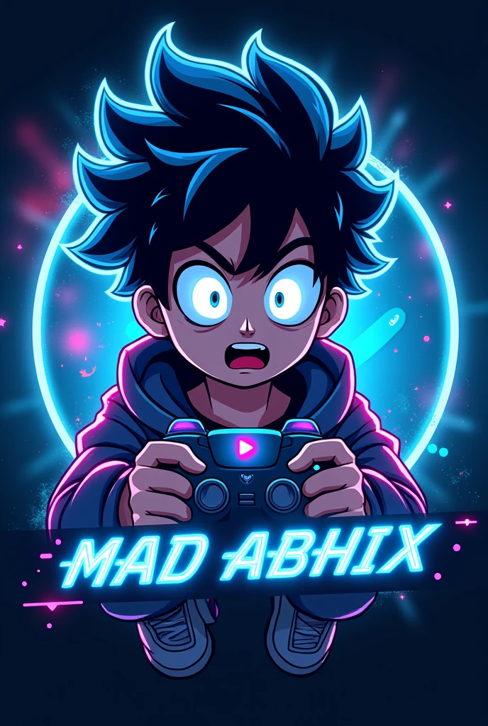 This is a gaming logo that features the name "MAD ABHIX" in a futuristic font and a neon blue color. and Boy Anime avtar, The logo also has a stylized controller icon and a YouTube play button in the background. The logo is designed to be attractive and eye-catching, and to appeal to gaming enthusiasts and YouTube viewers. I hope you like it.