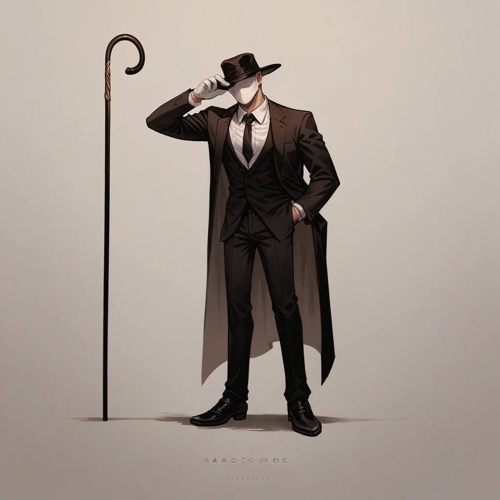 A man dressed in a black suit, White Glove, elegant hat, white mask completely covering the face, social shoe, leaning on a cane, uncanny, grimdark, style cartoon 