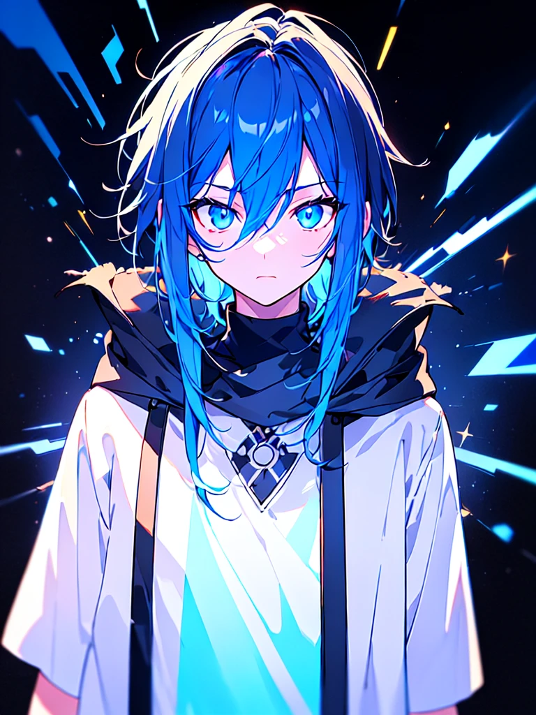 [(BLACK BACKGROUND:1.5),::5], ((((masterpiece)))), high quality, ultra very high resolution, full color, (((solo))), ((little boy)), BLACK short hair, ((Blue streaked hair)), (oriental deepblue eyes), anime, ((upper body)), Summer clothes, neon light, black parka, glaring