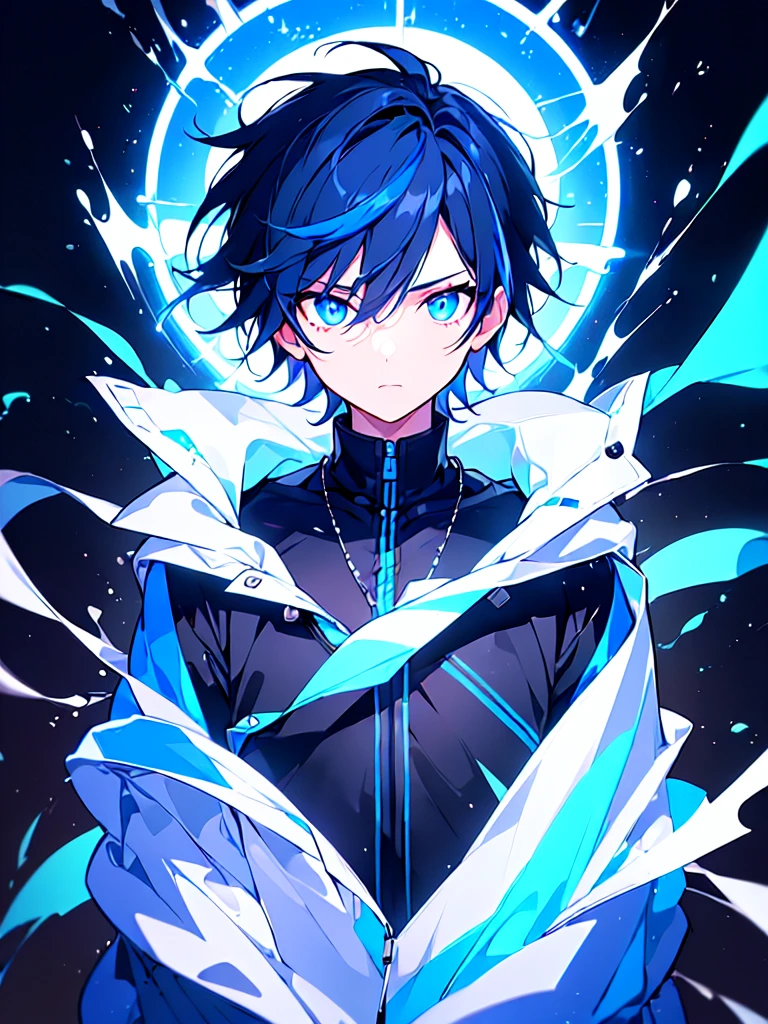 [(BLACK BACKGROUND:1.5),::5], ((((masterpiece)))), high quality, ultra very high resolution, full color, (((solo))), ((little boy)), BLACK short hair, ((Blue streaked hair)), (oriental deepblue eyes), anime, ((upper body)), Summer clothes, neon light, black parka, glaring