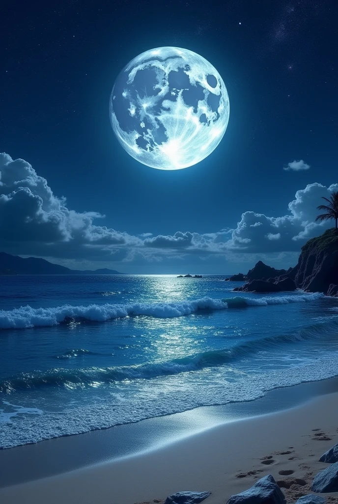 The night sky, stars, a large full moon, the sea, the beach, the moon reflected on the water's surface