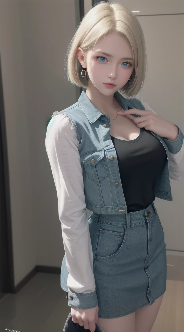 (Highest quality、4K、8k、High resolution、masterpiece:1.2)、Very detailed、(Genuine、Realistic、Realistic:1.3)、blonde、Pixie Cut、Japanese girl、Gal Makeup、Standing in the room、Full body photo、((Big Open Shirt))、Denim shorts、Saggy breasts、slightly flabby belly、