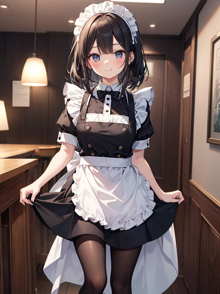 Please draw a scene of a girl wearing a maid uniform,、with black tights and a tanding gracefully with a smile.。She is wearing a white apron and black dress shoes.。