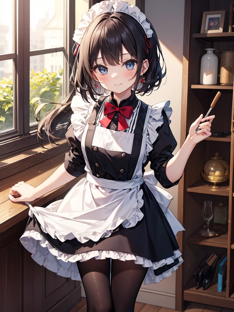 Please draw a scene of a girl wearing a maid uniform,、with black tights and a tanding gracefully with a smile.。She is wearing a white apron and black dress shoes.。