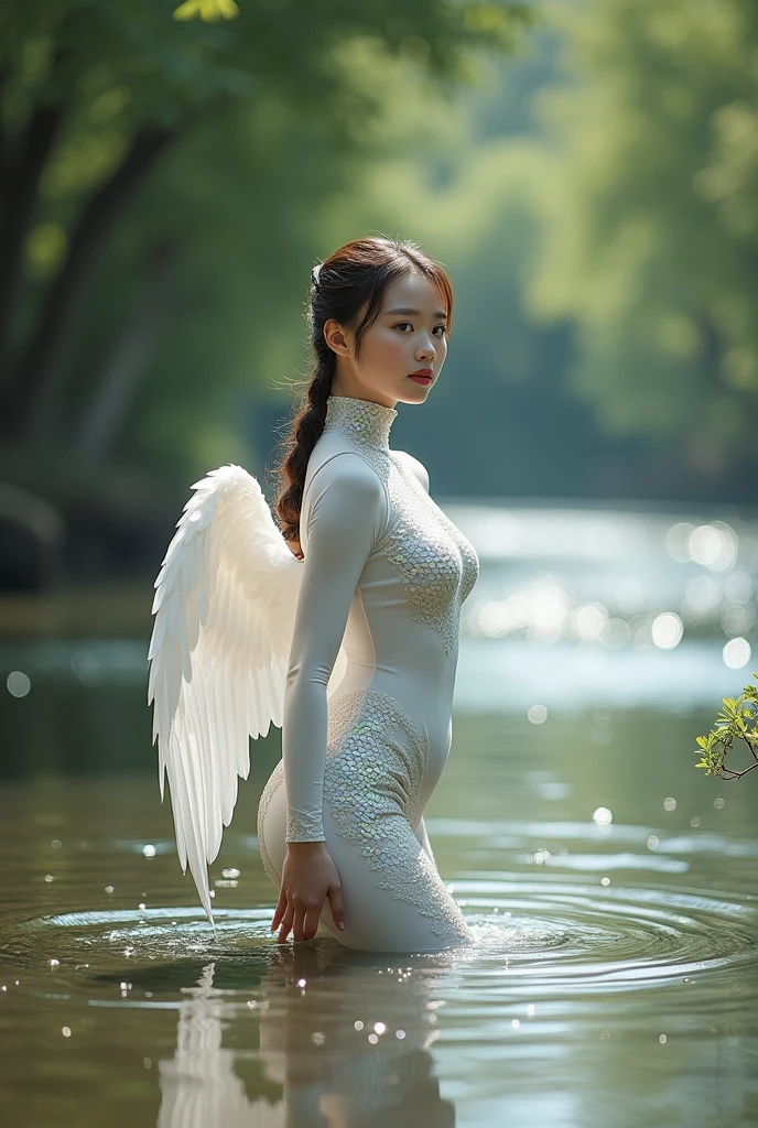 The beautiful asian adult girl with beautiful cheeks wears white swan lycra turtleneck unitard catsuit covered with many scales with a pair of wings and lycra elastane dancewear hood with swan beak.She is in the river.