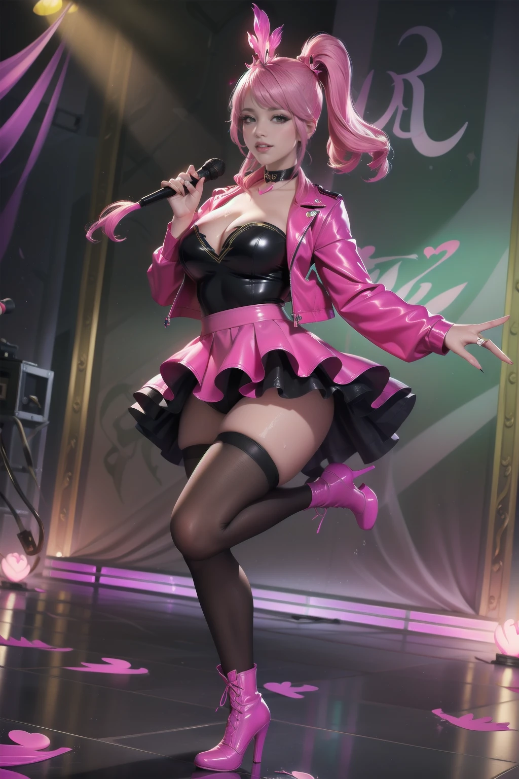 young and beautiful person,(Highest quality,Extremely detailed depiction,Incredible high resolution,Anatomically accurate depiction,Nice hands, Perfect Fingers,Curvy Legs),(Glowing Skin,Glowing Skin),(Very cute idol),(Cute idol costumes,Black leather jacket:1.3,Cute hairstyle,tights,Choker of Hearts,boots,Strong gloss,),eyelash,(bright pink eyes,There is cleavage in the chest,Captivating smile,Glossy Lips,Seductive gestures),Sweat,Laughing with your mouth open、Dollar costume、Knee-high socks、Beautiful big 、Live Stage、sing、Dancing、
