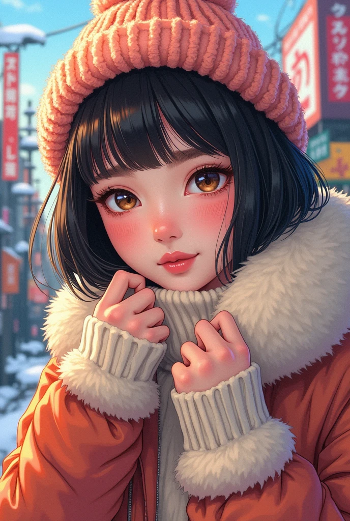masutepiece, Best Quality, Illustration, Ultra-detailed, finely detail, hight resolution, 8K Wallpaper, Perfect dynamic composition, Beautiful detailed eyes, Women's fashion fluffy winter clothes,Short bob hair,mid-chest, Natural Color Lip, Bold sexy poses,Smile,Harajuku、20 years girl、Cute、Sexy shot looking at camera