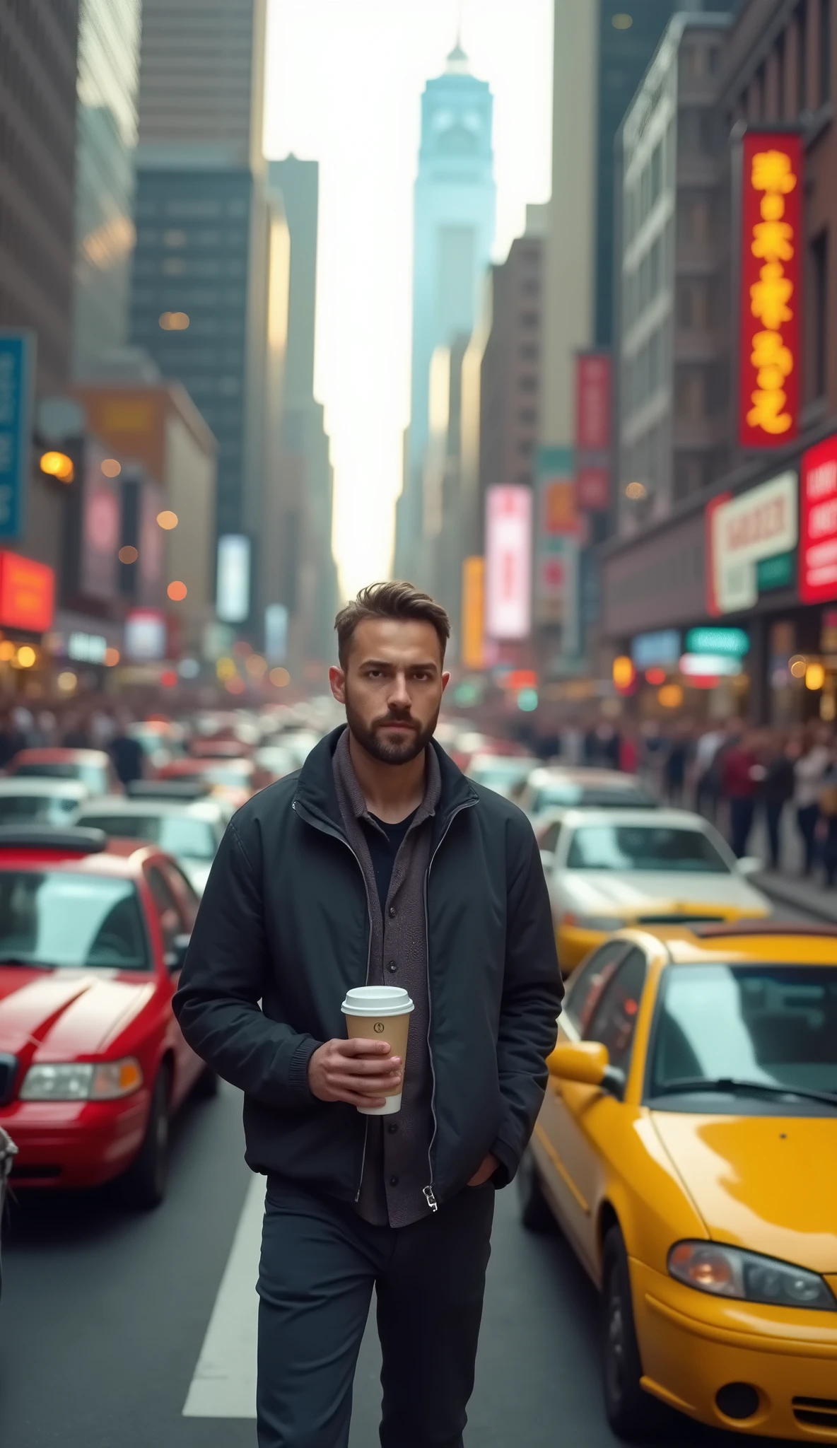 A man in the crowded street with car