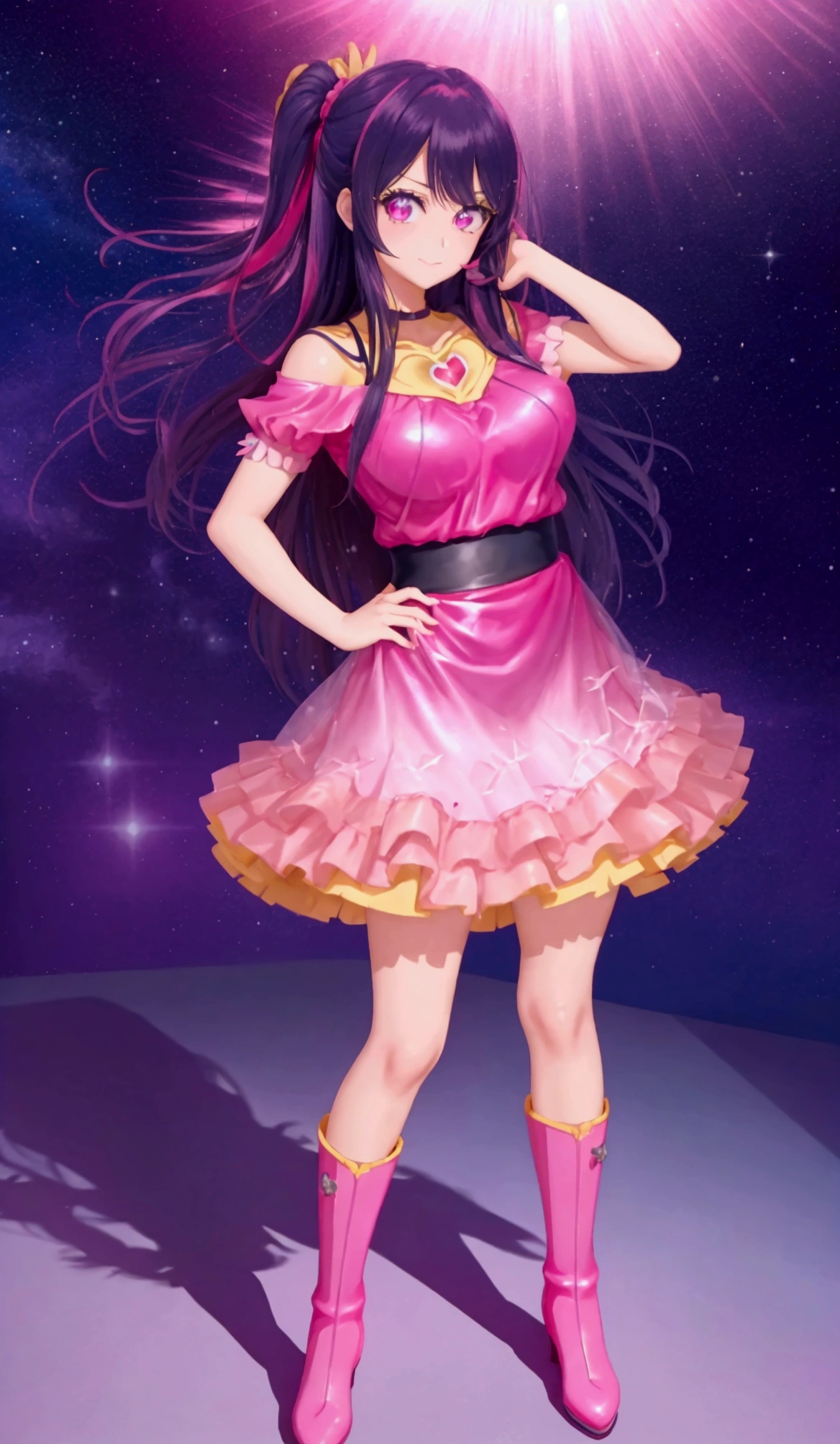 A woman wearing a pink dress and pink boots is posing, misato katsuragi, Nico Robin, Anime VTuber Full Body Model, Hino Rei plays the role of the princess, juri misaki, I also make fan art, Official character art, rei hiroe, Yami cute, Cute anime visuals, An anime character named Lucy, Ayami、now
