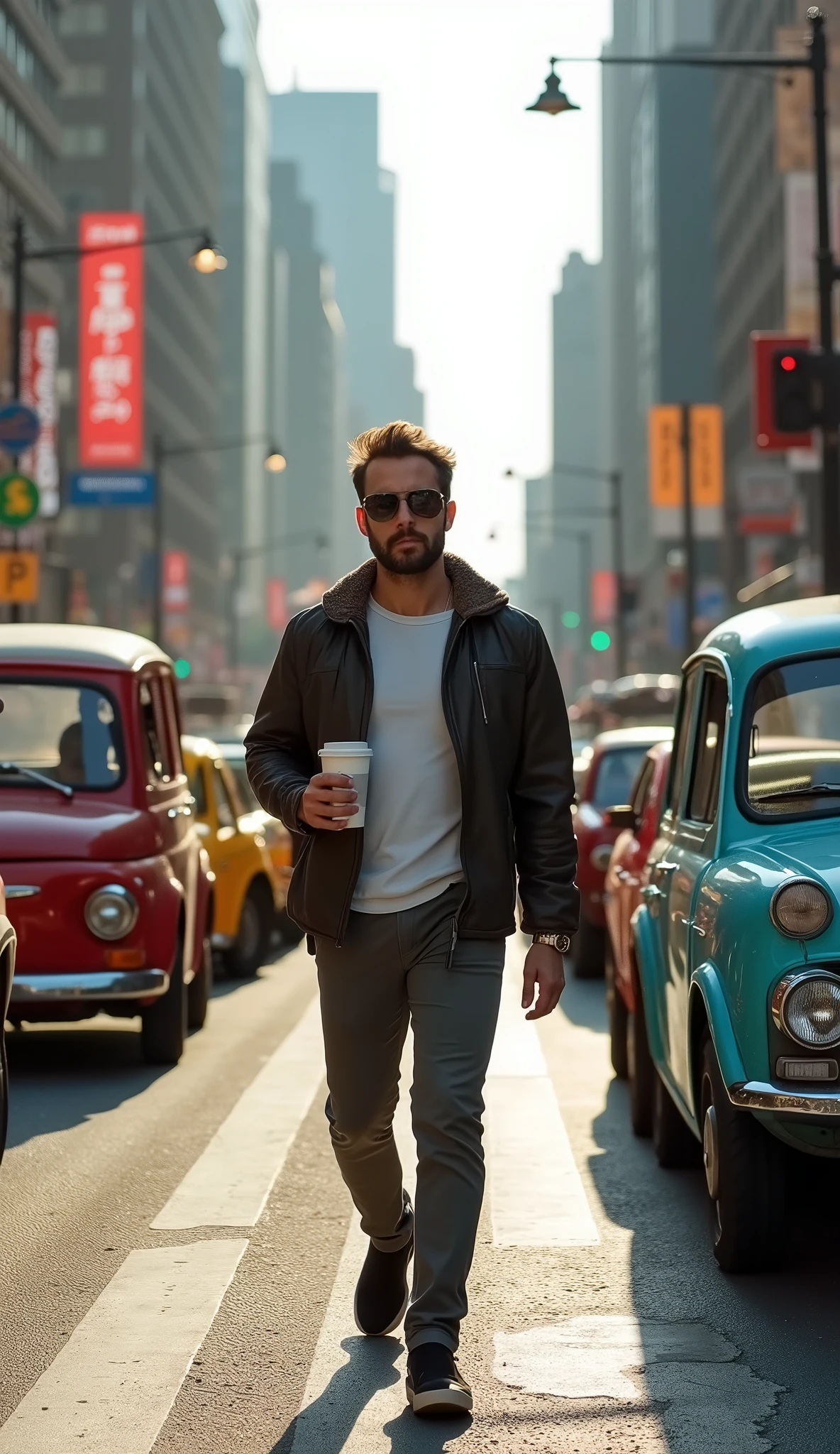 A man in the crowded street with car