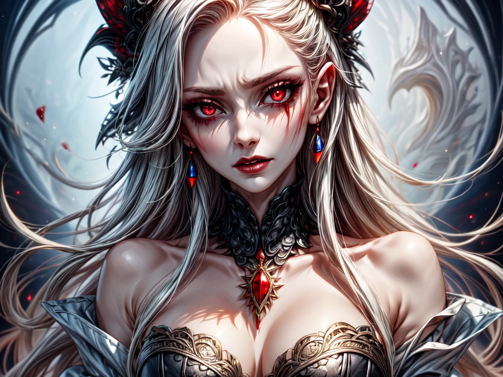 a portrait of vampire with a bloody tear coming down from he eye, an exotic beautiful female vampire, red hair color, dynamic hair style, ultra detailed face, best detailed face, silver eye color, ((1single red teardrop: 1.3)), ((tear drop made from blood)), ((teardrop coming down from the eye: 1.3)), small cleavage, wearing two black diamond earrings, Ultra-high resolution, High Contrast, (masterpiece:1.5), highest quality, Best aesthetics), 16K fantasy art, best details, best quality, highres, (ultra wide angle: 1.2), 16k, [ultra detailed], masterpiece, best quality, (extremely detailed), wearing d2c, wearing d2d, DonMD3m0nV31ns, vampire 