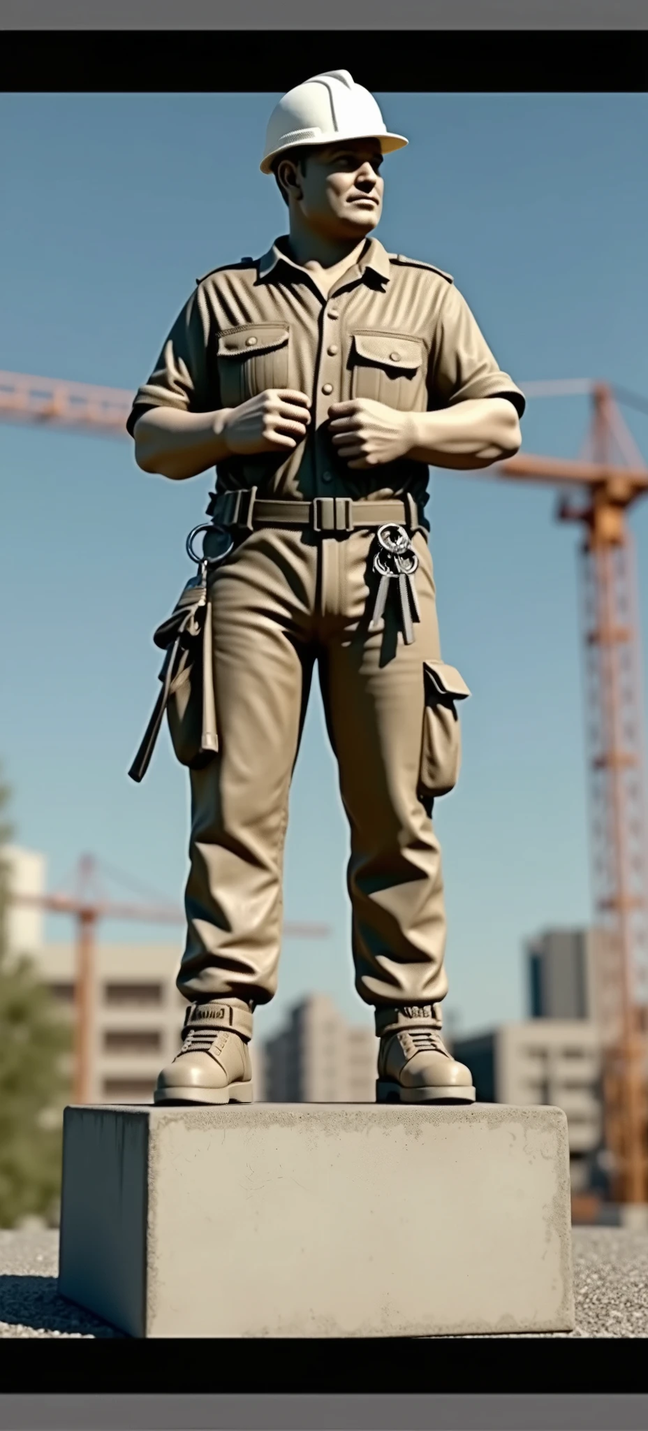 Create a statue of a modern construction foreman with the head from the image prompt, 1,74 inches tall a slightly large belly 55 years old, Caucasian skin, wearing a white helmet, construction clothes and on his belt, a bunch of keys (car key, house and construction), a normal train