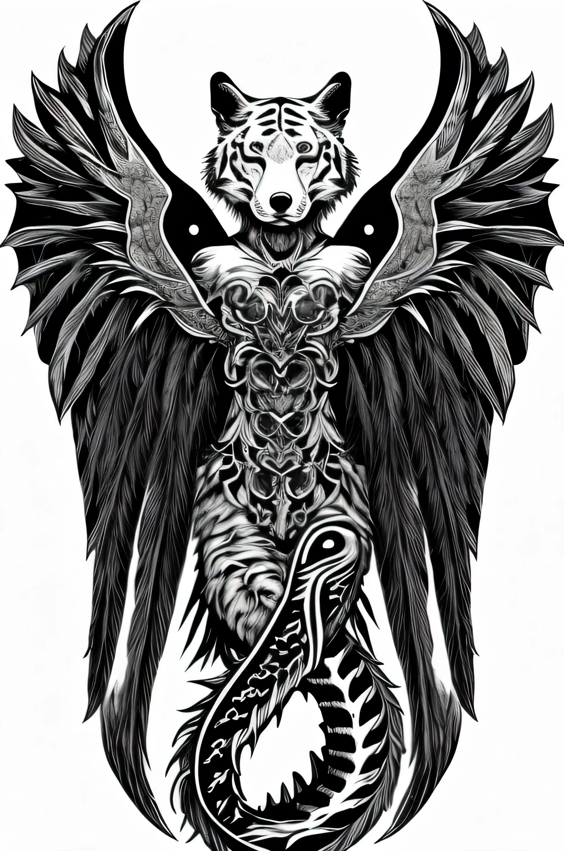 fox face, white eagle wings, white tiger body, Dragon tail