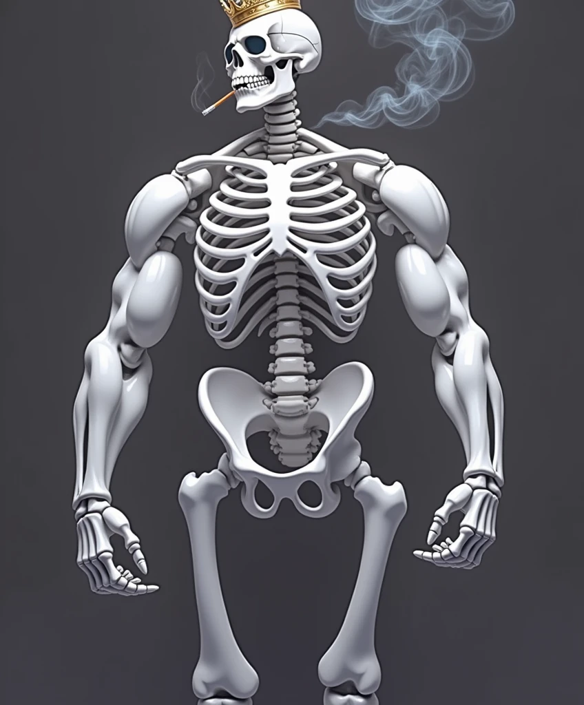 Create a white muscular skeleton 100% ,with very large white muscles in the arms ,smoking a lit cigarette and wearing black glasses , on a black background (100%I want it to be very muscular with a golden crown.