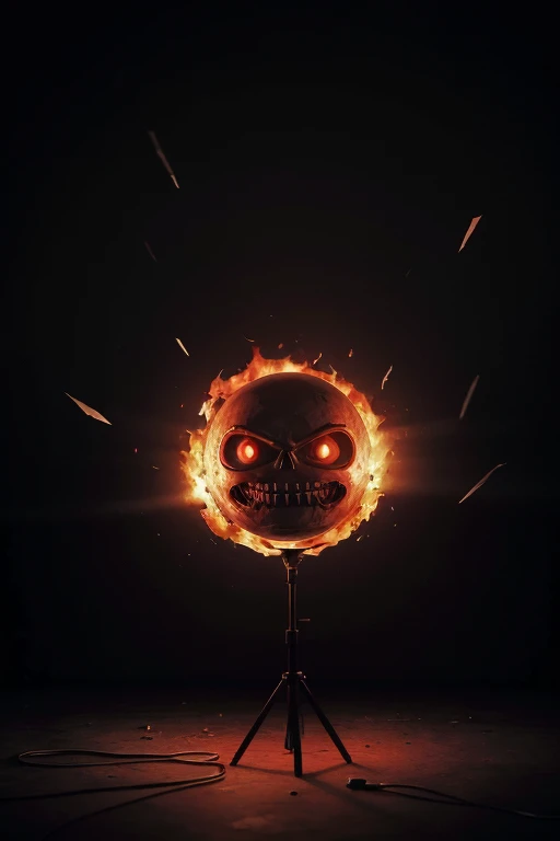 "Create a 3D microphone with a sinister and disturbing design, as if possessed. The microphone must have sharp teeth and a distorted smile, with menacing eyes that glow an intense red. He floats in a dark landscape, shrouded in disturbing shadows, with an atmosphere of suspense and horror. Behind him, a torn flag flutters in the wind, recalling a decadent political environment. Add elements of political corruption, like torn law papers and coins falling in flames, as the microphone whispers dark secrets. The background should be in shades of black., red and gray, with lights flashing like an old abandoned stage, creating a sense of chaos and despair."