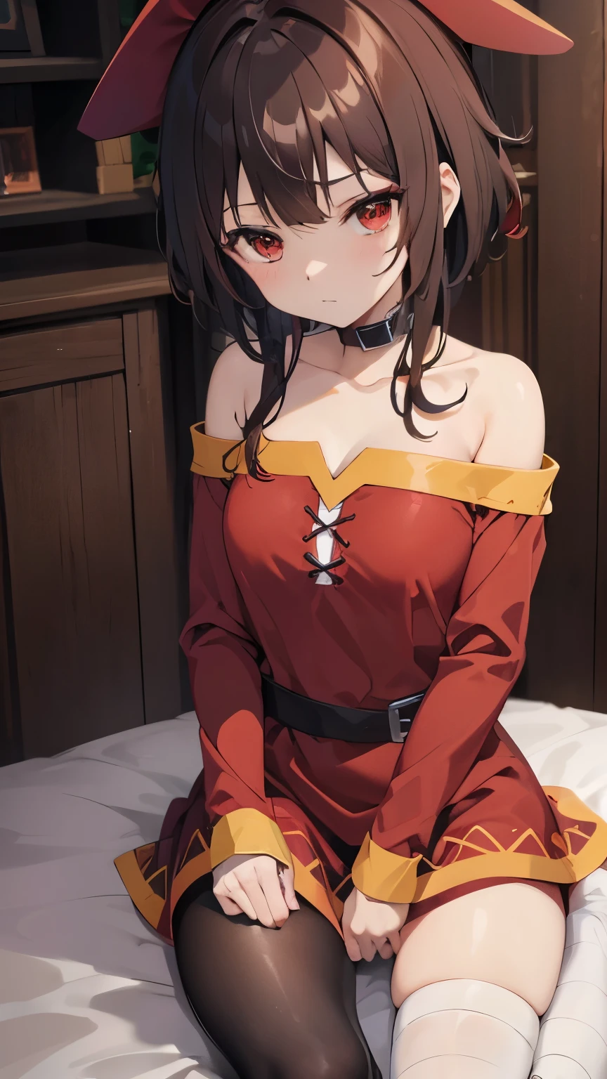 masterpiece, Highest quality, High resolution, unity 8k wallpaper, (figure:1.1), Highly detailed face, Highly detailed CG,
Perfect Anatomy, Nice hands, Perfect hands, 
Megumin, 
Megumin\(KonoSuba\), 
One person, 
Long hair short hair, 
Brown Hair, 
(Red eyes:1.1), (Beautiful attention to detail:1.2), 
View your viewers, 
Off-the-shoulder dress, Red dress, Brown cape, Long sleeve, 
Single knee socks, Asymmetrical legwear, Bandaged leg,
Small breasts, 
Ollerborn,
Witch Hat, Black choker, Black gloves, Fingerless gloves, 
Cowboy Shot,  
Perfect lighting,
Indoor Background, On the bed, 