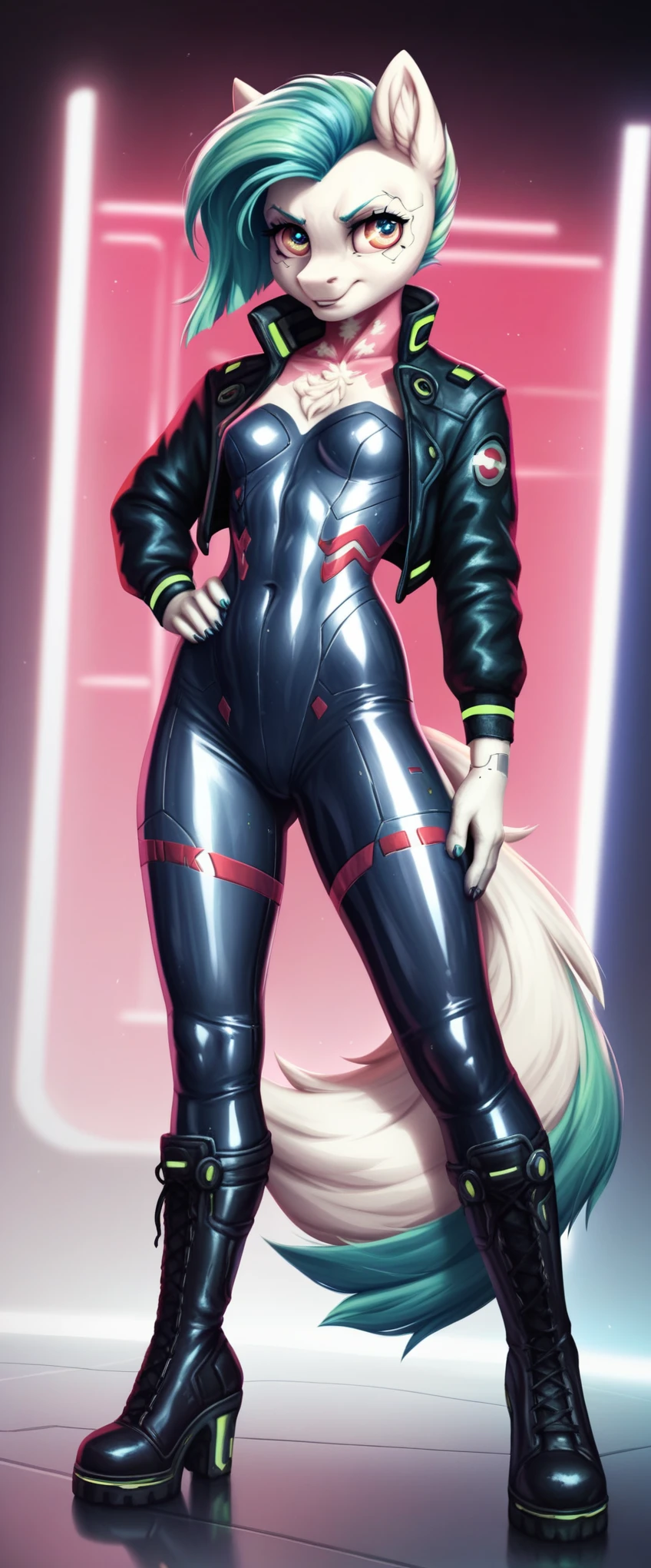 a ((full body)) cartoon picture of an anthropomorphic (((pony:0.9))), cyberpunk style, (((shiny latex cyberpunk bodysuit:1.0))), (((techwear jacket on top:0.9))), (((calf-high boots))), generic MLP style, professional render, female anthro pony, small breasts, frowning, (((semi realistic cream white fur))), (((detailed eyes:1.0))), turquoise cyberpunk mane and tail.
