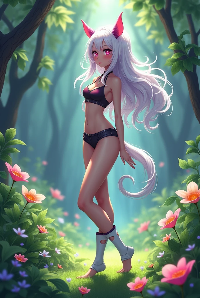 White hair. Curvy,Slim limbs. Wearing tights, shorts, High socks with holes,Showing the instep and heel, She wears no shoes or underwear. C34 cup breasts and thick thighs. Pink heart-shaped eyes. Horns and tail.