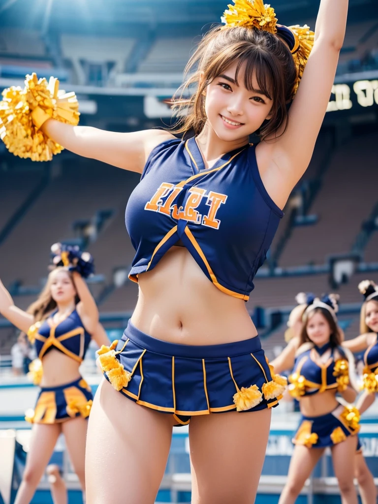 masterpiece,Highest quality,Very detailed,High resolution,(Realistic,photoRealistic:1.37),Excellent anatomy,One beautiful woman,18-year-old,height:152 cm,orange cheerleader,(Holding big pom-poms in both hands:1.5),Big smile,cheer leading,Cheerleader uniform,(shape),Micro Pleated Mini Skirt,No underwear,((Very delicate and beautiful)),((Stadium Background:1.2)),Brown Hair,Long Hair,bangs,Very beautiful face,Cute type,Big Natural Color Lip,Small and cute nose,Big and pretty eyes,Brown eyes,Obvious double,Shiny highlight spots around the eyes,Character Focus,Tilt your head,The best light,Best Shadow,mysterious,Perfect Face,Very detailed,Soft Skin,(Glowing Skin,Sweaty:1.3),Beautiful legs,Voluptuous thighs,Plump body,Huge breasts,(Expresses the roundness and softness of the chest area..........1),Beautiful body,(Perfect Woman),Lift your legs,Skirt flip,Bold sexy pose,((cheer dance pose:1.5))