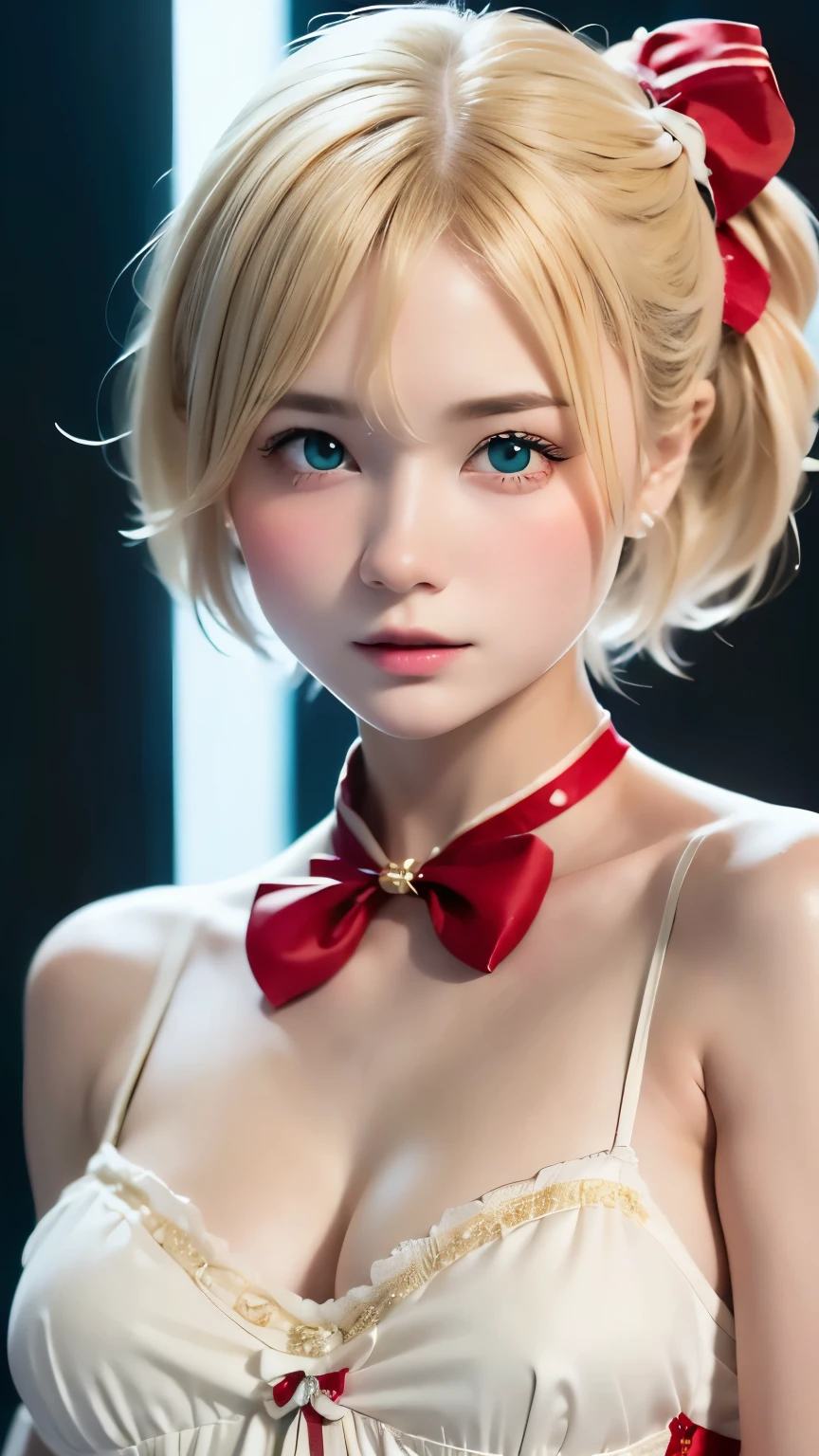 1 person,Beautifully detailed face:1.3、Face close-up:1.6、The whole face fits in the frame:1.6、((She wears a big red bow in her hair like a French doll......:1.6))、 ((Small breasts:1.7))、(A sheer camisole with a loose fit around the chest:1.7), ((I&#39;looking forward to it:1.6))、Pink Eyeshadow:1.6、((Looking into the camera:1.3))、Very beautiful Japanese idol portraits, 
(RAW Photos, Highest quality), (Realistic, Realistic:1.4), (masterpiece), 
Very delicate and beautiful, Very detailed, 2k wallpaper, wonderful, finely, Very detailed CG Unity 8K 壁紙, Very detailed, High resolution, Soft Light, 
Beautiful detailed, Very detailed目と顔, Beautiful and sophisticated nose, Big beautiful eyes, Cinema Lighting, 
(Simple and solid background:1.3),
(Blonde medium hair:1.5), (Parted bangs), 
Complete Anatomy, Slender body,とてもSmall breasts, Sensual look