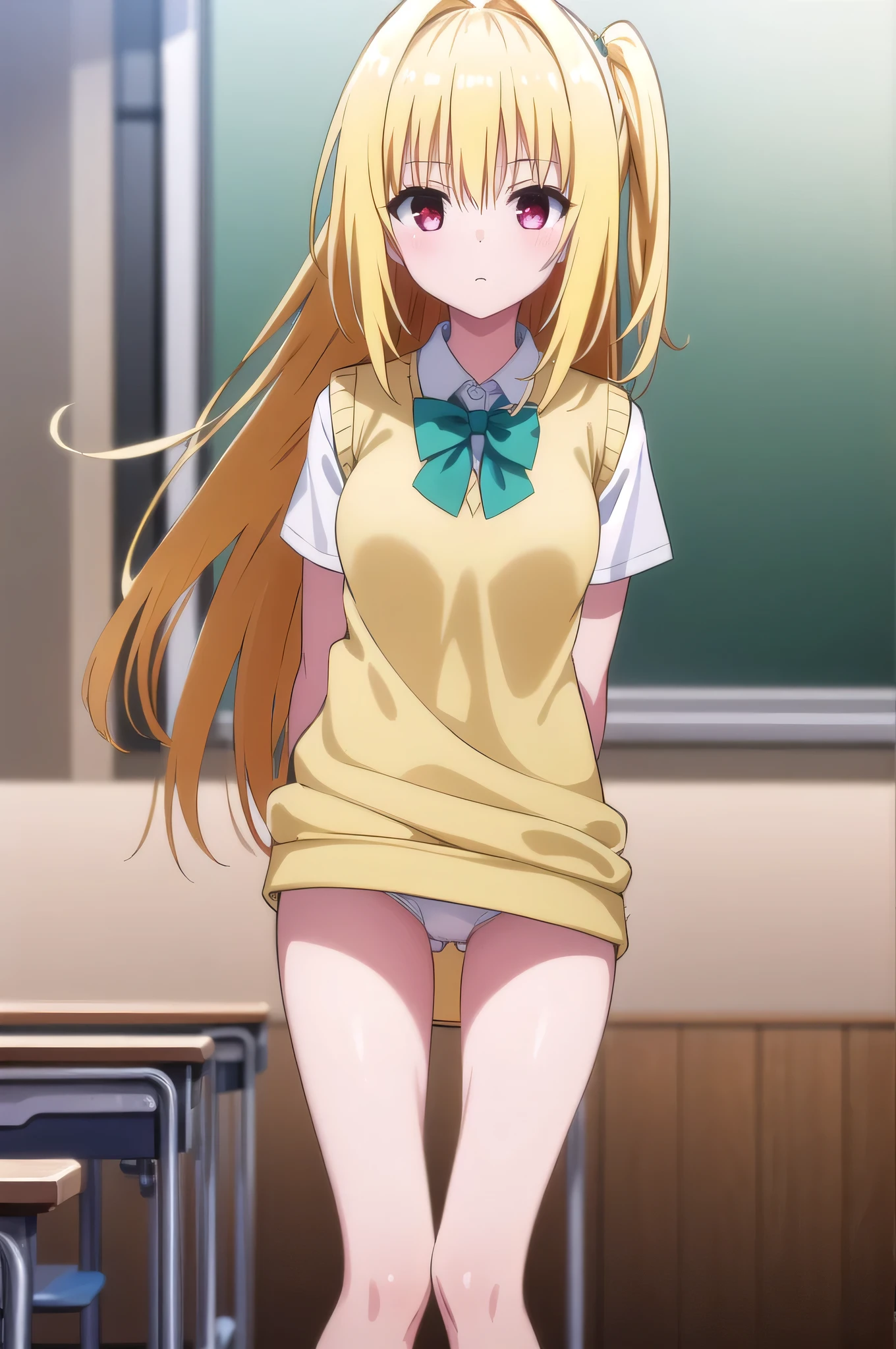 nsfw,1girl,1 person、toloverumy, my, Yellow Hair, Long Hair, Red eyes,
break school uniform, shirt, white shirt, bow, green bow, sweater, light brown sweater vest, Short sleeve,
break indoors, classroom,
break looking at viewer, Cowboy Shot,((White panties))、Panty shot、bottomless,(,arms behind back,)
break (masterpiece:1.2), Highest quality, High resolution, (figure:0.8),