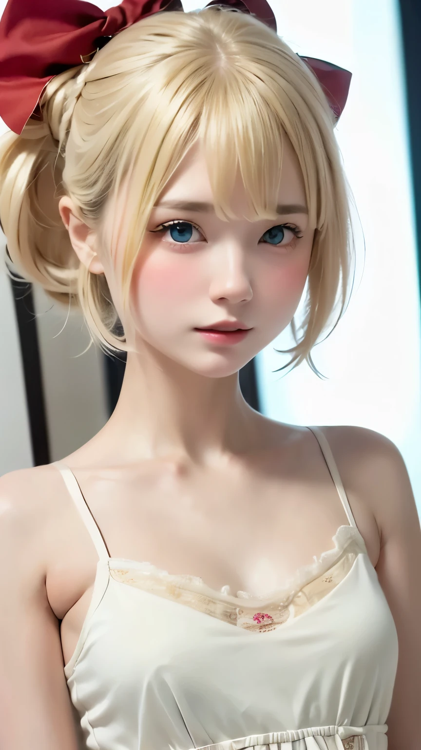 One woman　White　Completely naked　Wet Hair　Wet Skin　Beauty　high resolution　High precision　Blonde　Golden Eyebrows　White　　Detailed skin　16 years old　blue eyes　Detailed face　　whole body　Bright smile　Bobcut　　Bedroom at night　ＹBalance the characters