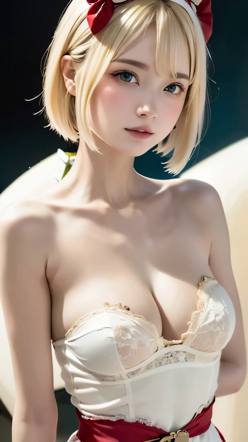 1 person,Beautifully detailed face:1.3、Face close-up:1.6、The whole face fits in the frame:1.6、((She wears a big red bow in her hair like a French doll......:1.6))、 ((Small breasts:1.7))、(A sheer camisole with a loose fit around the chest:1.7), ((I'looking forward to it:1.6))、Pink Eyeshadow:1.6、((Looking into the camera:1.3))、Very beautiful Japanese idol portraits,
(RAW Photos, Highest quality), (Realistic, Realistic:1.4), (masterpiece),
Very delicate and beautiful, Very detailed, 2k wallpaper, wonderful, finely, Very detailed CG Unity 8K 壁紙, Very detailed, High resolution, Soft Light,
Beautiful detailed, Very detailed目と顔, Beautiful and sophisticated nose, Big beautiful eyes, Cinema Lighting,
(Simple and solid background:1.3),
(Blonde medium hair:1.5), (Parted bangs),
Complete Anatomy, Slender body,とてもSmall breasts, Sensual look