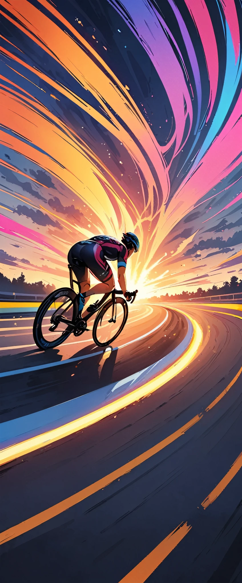 (Highest quality:1.2, Very detailed, up to date, Vibrant, Ultra-high resolution, High Contrast, masterpiece:1.2, Highest quality, Best aesthetics), (((1 person))), Blonde girl, blue eyes, Woman riding a bicycle at high speed, Keirin racer, Professional cyclist, Dynamic Motion Blur:1.4, Cinematic Lighting, Bright colors, Strong Shadows, Dramatic composition, Speed Blur, Tilt-shift lens effect, Detailed Texture, Muscular physique, Tight cycling clothes, A resolute expression, Cyclist riding on the velodrome, Cyclist and bike motion blur, Dramatic chiaroscuro lighting, Dramatic Sky Background, Cinematic depth of field, Very detailedでリアルな, Award-winning photography.