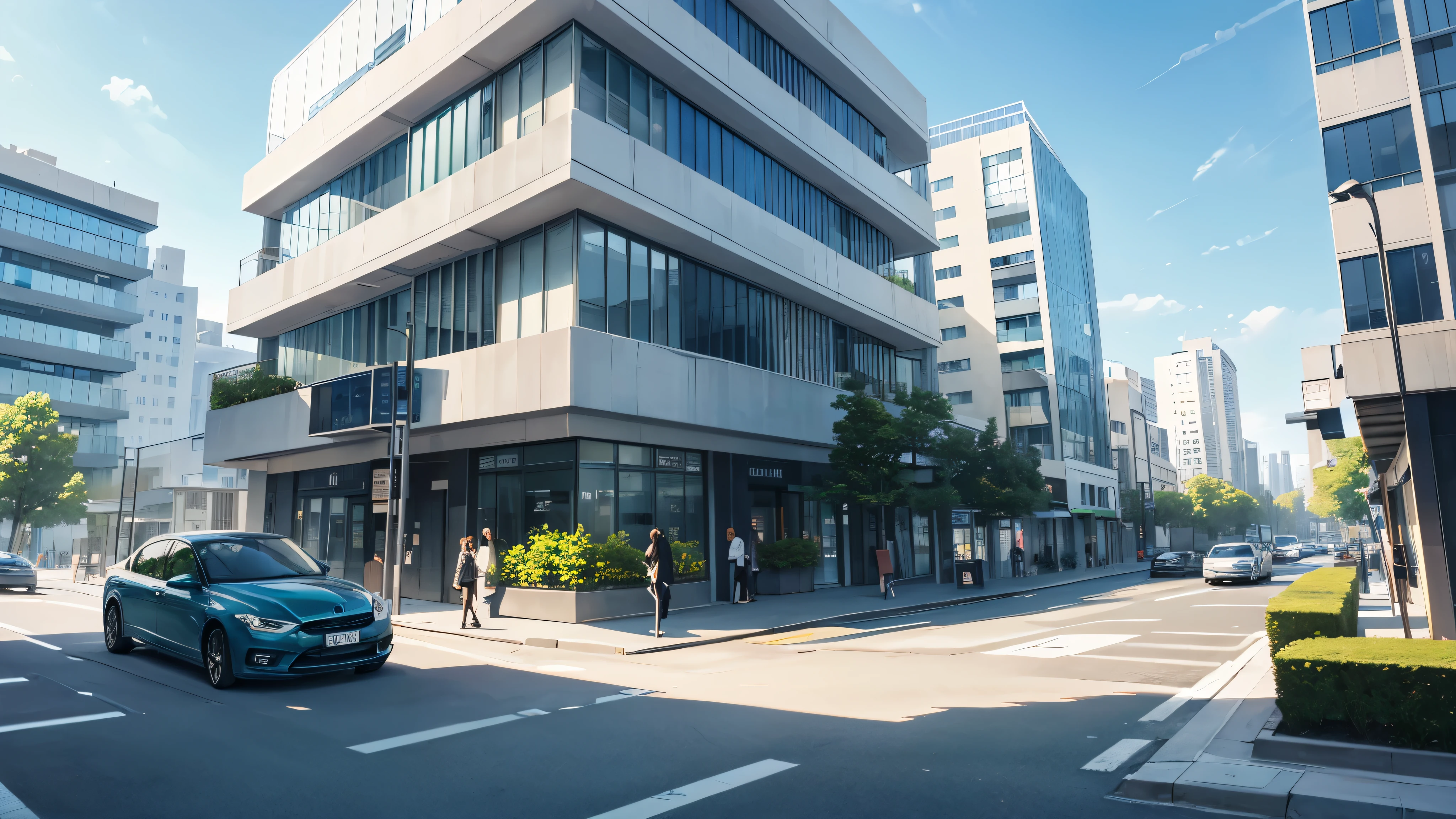 Create a city background that is calming and minimalistic, inspired by a modern aesthetic rather than the Frieren anime style, The scene should feature a contemporary urban environment during the day, with modern buildings and clean lines, (((cars))), (peoples))), Include elements such as wide streets, simple architecture, and greenery like small trees or planters, The color palette should be soft and soothing, with light tones of blue, gray, and green, The overall design should convey a peaceful and modern urban atmosphere, focusing on simplicity and clarity