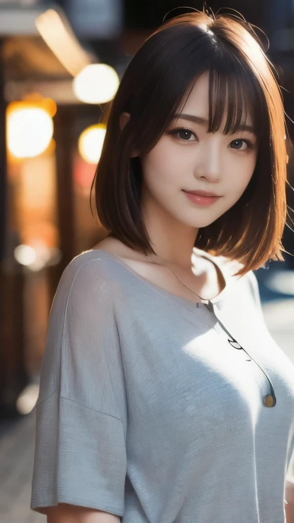 8k,Highest quality,(masterpiece:1.2),(Realistic),(Realistic:1.37),Ultra-high resolution,1 female college student,city,smile,Beautiful Eyes,(((Cute casual clothes))),Big Breasts,Perfect body,Perfect Fingers,Professional Lighting,gravure,Detailed face and skin texture,fine grain,RAW Photos