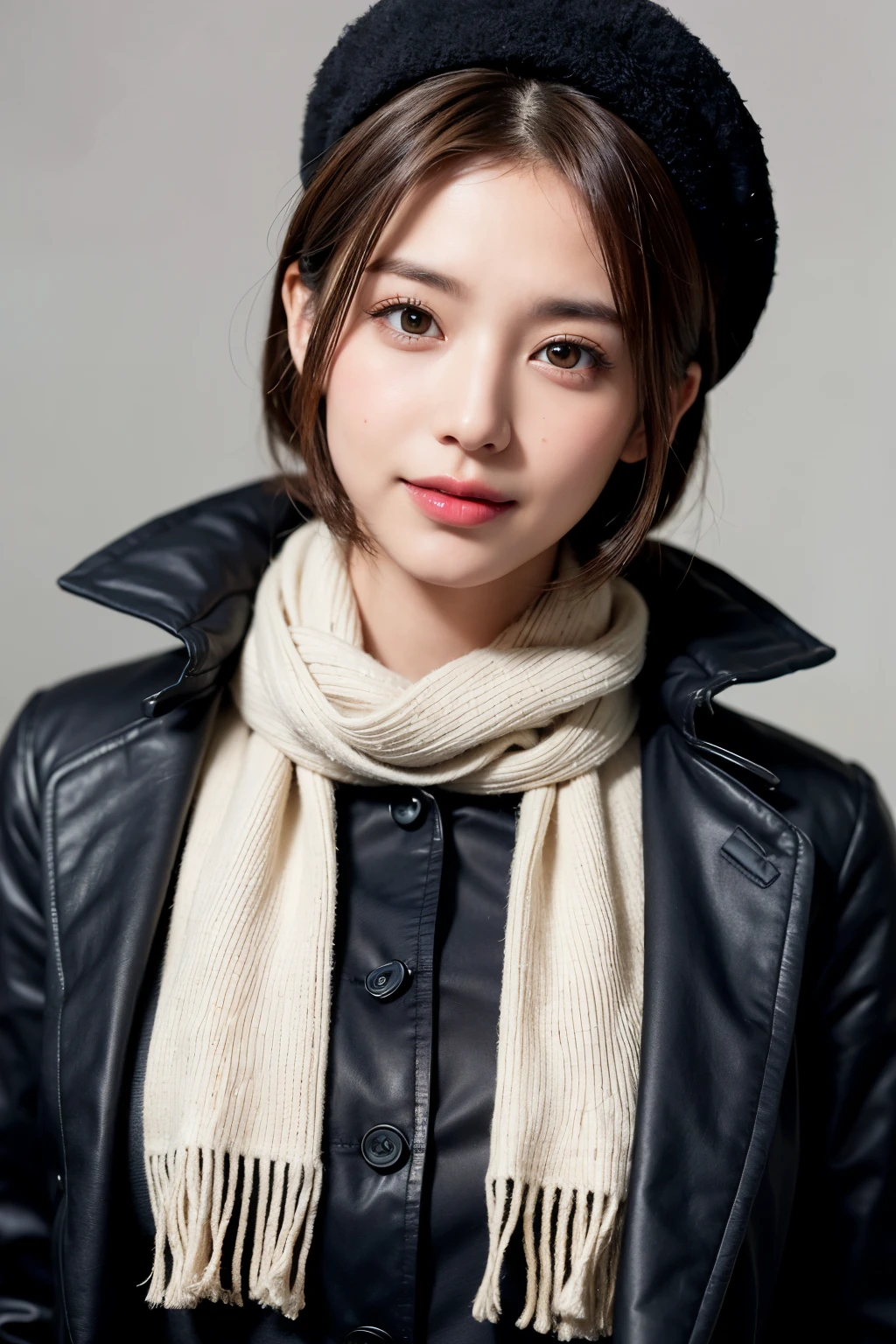 (masterpiece, best quality),1 girl, solo, black hair, scarf, hat, real, real, look at viewer, light colored black eyes, short hair, brown coat, winter clothes, white scarf, lips, bangs, outdoors, closed mouth, upper body, big eyes, eyelashes, (((really nothing background, really pure white background)), (short hair with bangs, big eyes, big breasts, staring at the viewer, beautiful beauty, Ears out, long neck, smile a little, close your mouth and smile))),