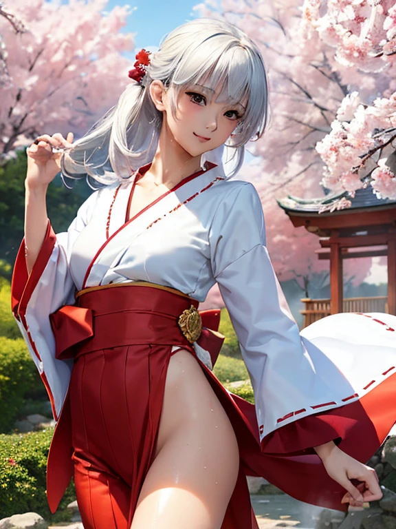 (((Highest quality、masterpiece、Very high resolution、High-resolution images)))、Beauty Painting、(One strong, Beautiful woman:18-year-old、Beautiful body:thin, Beautiful breasts and beautiful legs、Beautiful Face:smile、Eyes with a strong will,Beautiful Hair)、Best skin and hair texture,Realistic skin texture,realistic hair texture、(Shrine maiden costume,Shrine maiden costume:white:Scarlet Hakama,Crane pattern,hair band,I can see your chest,Your clothes are wet)、Beautiful shrine、Beautiful hot springs、Beautiful sky、Natural light、Beautiful view model photography、Gravure photo session、(((The wind is blowing))),Accurate Images:1.5、Accurate ???????:1.5、Perfect Image、Perfect image、Overall image、(Best Shot、RAW Photos、Realistic)1
