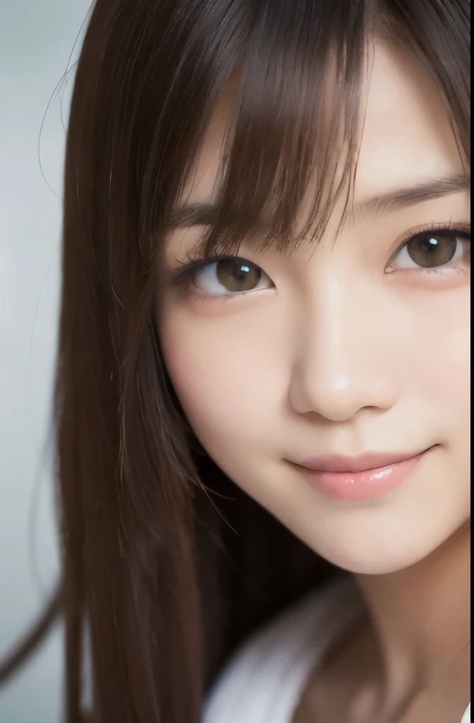 best quality, face focus, soft light, ultra high res, (photorealistic:1.4), RAW photo,(Shinozaki Ai), white skin, kawaii, 1 Japanese girl, solo, cute, (smile), (pupil, lights in the eyes), detailed beautiful face, Medium-sized breasts,(high resolution detail of human skin texture),(long hair),(portrait), upper body, white traditional kimono