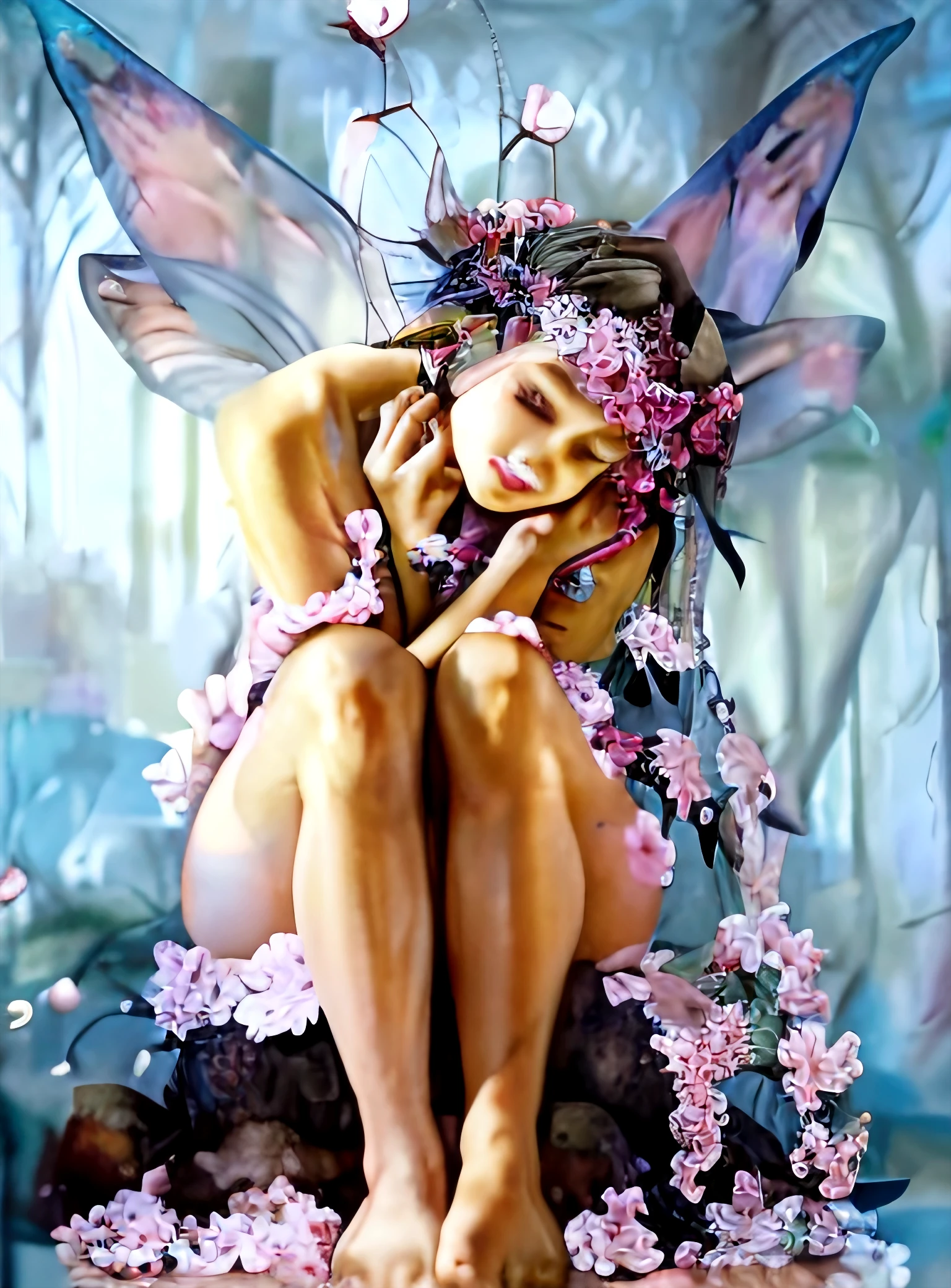 naked fairy showing her ass pretty pink vagina dark butterfly wings labia fairy, goddess figure, pomegranate, juicy, fruiting flowers, blossoms, spring, closeup (elaborate details, baroque 1.5)