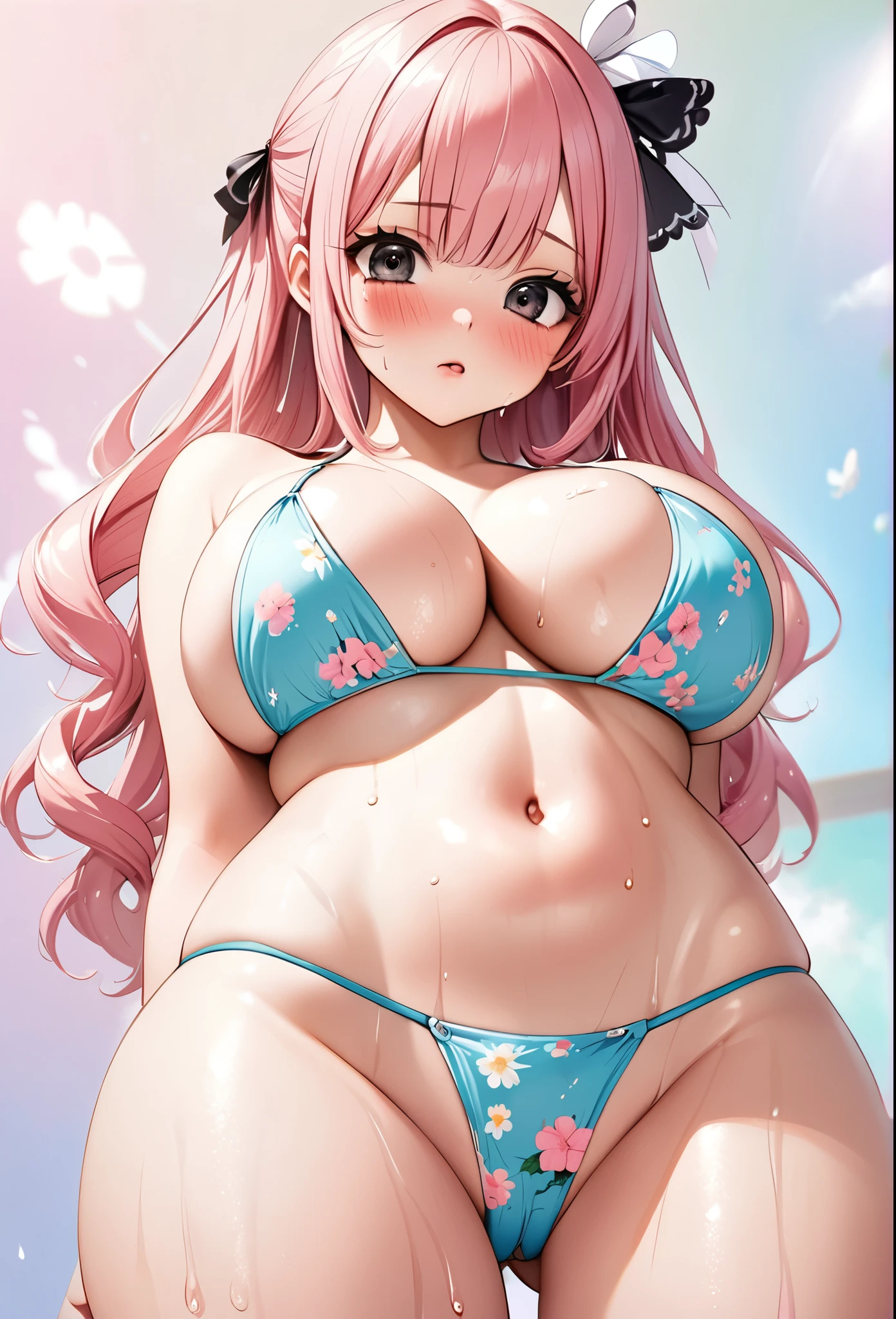 ((Perona)), (one piece), (((cute overload))), pastel color palette, (pink hair), (big black eyes), huge breasts , casual pose, relaxed, playful, shiny skin, (thin), (((floral pastel background))), (((sideboob))), (petite), ((floral pastel micro bikini)), ulzzang, ((realistic)), (looking down at viewer), arms behind back, ((cleavage)), thin waist, thick thighs, (((sweaty)), flush, (heavy blushing), wanting, sexy, seductive, orgasm, standing, legs apart, from below