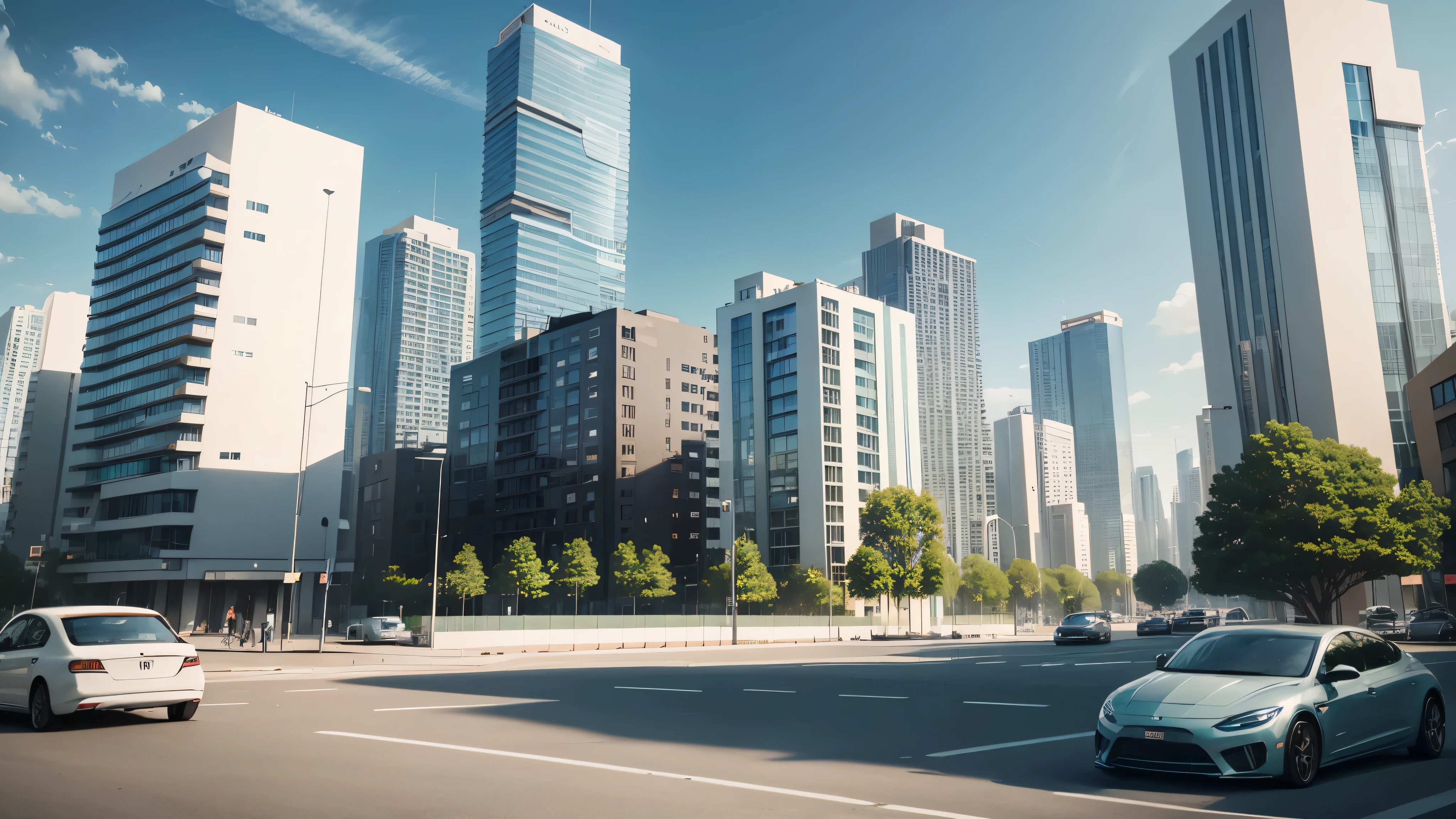 Create a city background that is calming and minimalistic, inspired by a modern aesthetic rather than the Frieren anime style, The scene should feature a contemporary urban environment during the day, with modern buildings and clean lines, (((cars))), (peoples))), Include elements such as wide streets, simple architecture, and greenery like small trees or planters, The color palette should be soft and soothing, with light tones of blue, gray, and green, The overall design should convey a peaceful and modern urban atmosphere, focusing on simplicity and clarity