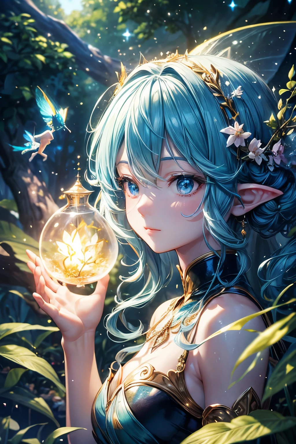 masterpiece, 1 fairy, Flying female fairy, perfect face, Light, glass tree forest, Dramatic lightLight,  cover eyes, Super detailed, floating glow Lights, Depth of Field, (shining dust)