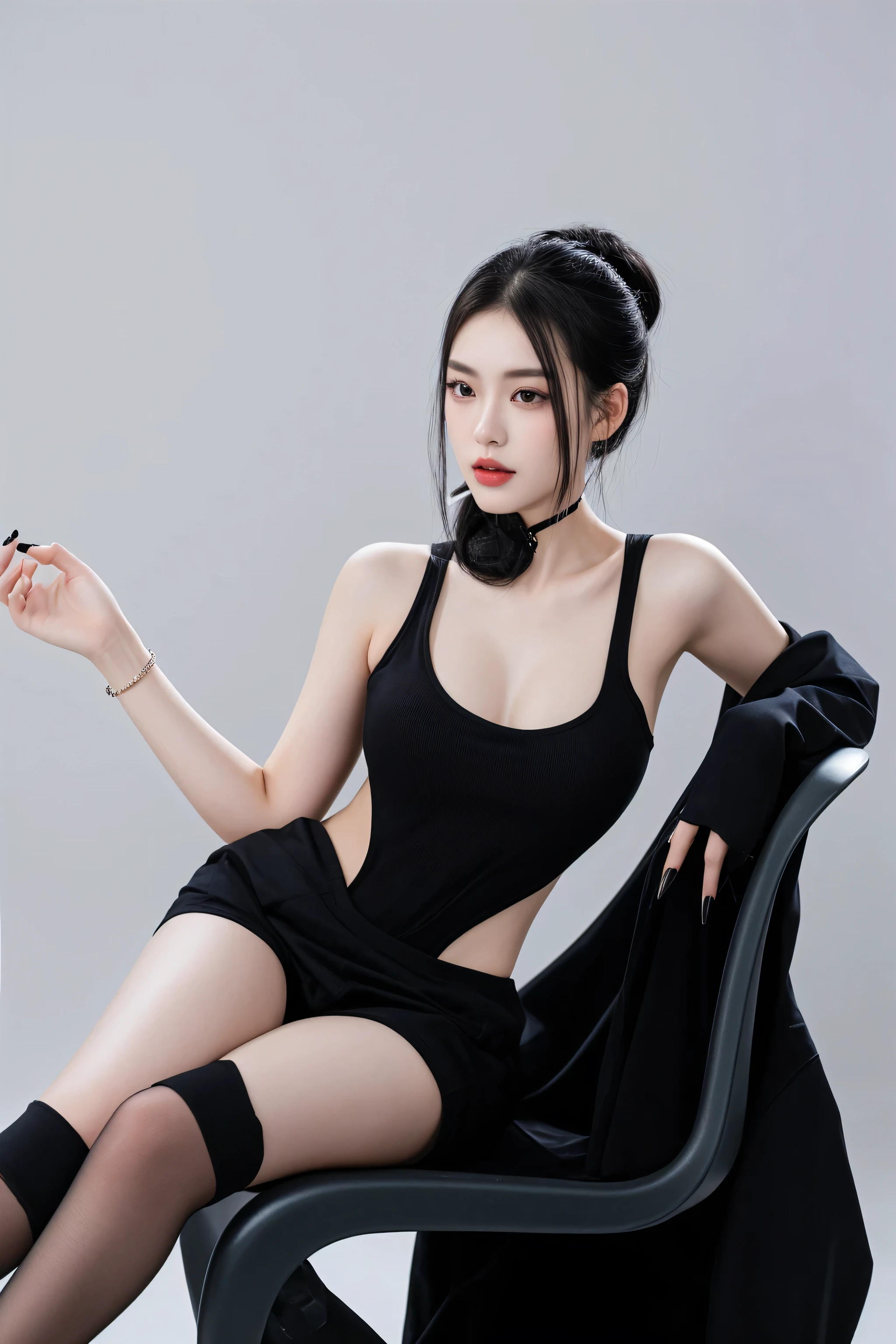 woman sitting on a chair with a cigarette in her hand, wearing a black bodysuit, full body xianxia, gorgeous chinese model, sexy :8, sexy look, sexy pose, trending at cgstation, sexy girl, wearing in black clothes, attractive pose, she is wearing a black tank top, sexy style, an asian woman, model with attractive body