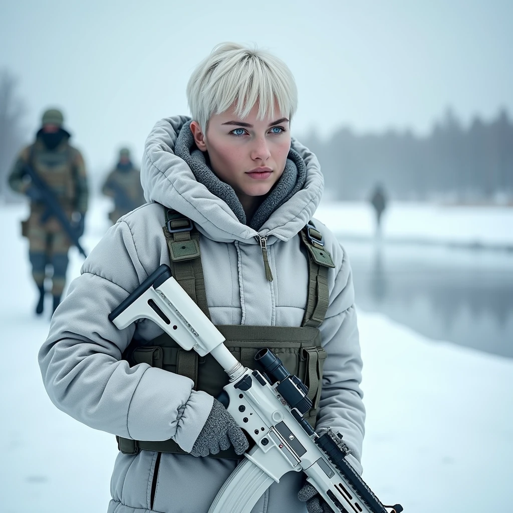 Masterpiece, a 26 years old Latvian female Border Control operative walking in a winter camouflage uniform holding a white painted HK416 with a 4X scope and wearing a helmet with coms. Shis is passing in front of a Latvian village a frozen lake with a group of soldiers, beautiful round face, (platinium blonde short hair, blue eyes, very pale skin:1.2), a beautiful woman in a military uniform holding a rifle, of a sniper girl in war, realistic soldiers, beautiful female soldier, infantry girl, soldier girl, small character. unreal engine 5, movie still 8 k, portrait of soldier girl, mechanized soldier girl, female lead character, 8k portrait render, 3 d render character art 8 k, solo female character, ultra high res.photorealistic, UHD, RAW