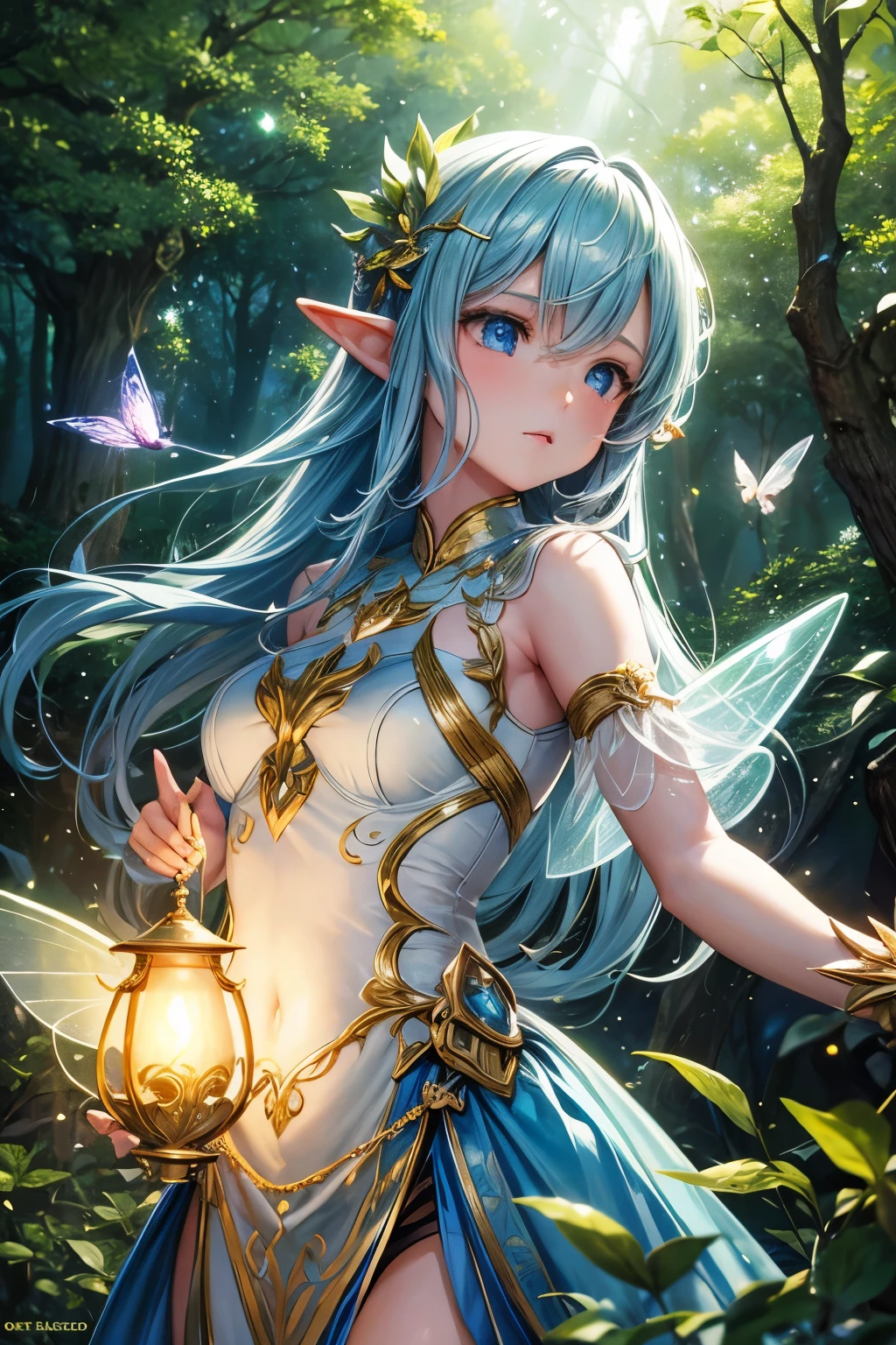 masterpiece, 1 fairy, Flying female fairy, perfect face, Light, glass tree forest, Dramatic lightLight,  cover eyes, Super detailed, floating glow Lights, Depth of Field, (shining dust)