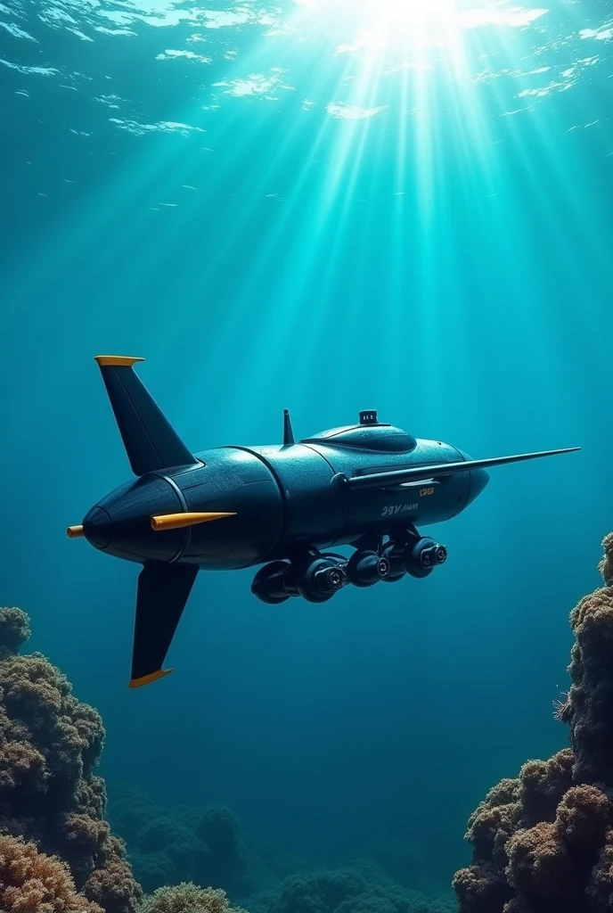 water robot, deep blue sea, ocean, recycled material body, propellers on sides, 360° cameras, radars, sensors, missile shaped, small, black color, remote controller, small antenna, small jet fin with propellers, plastic covering, radar on top