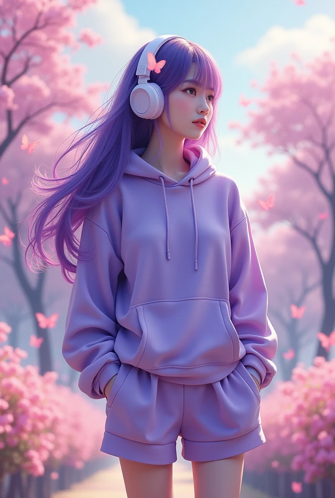 Korean butterfly woman with purple hair wearing headphones and a purple sweatshirt with shorts, soft clothing. 