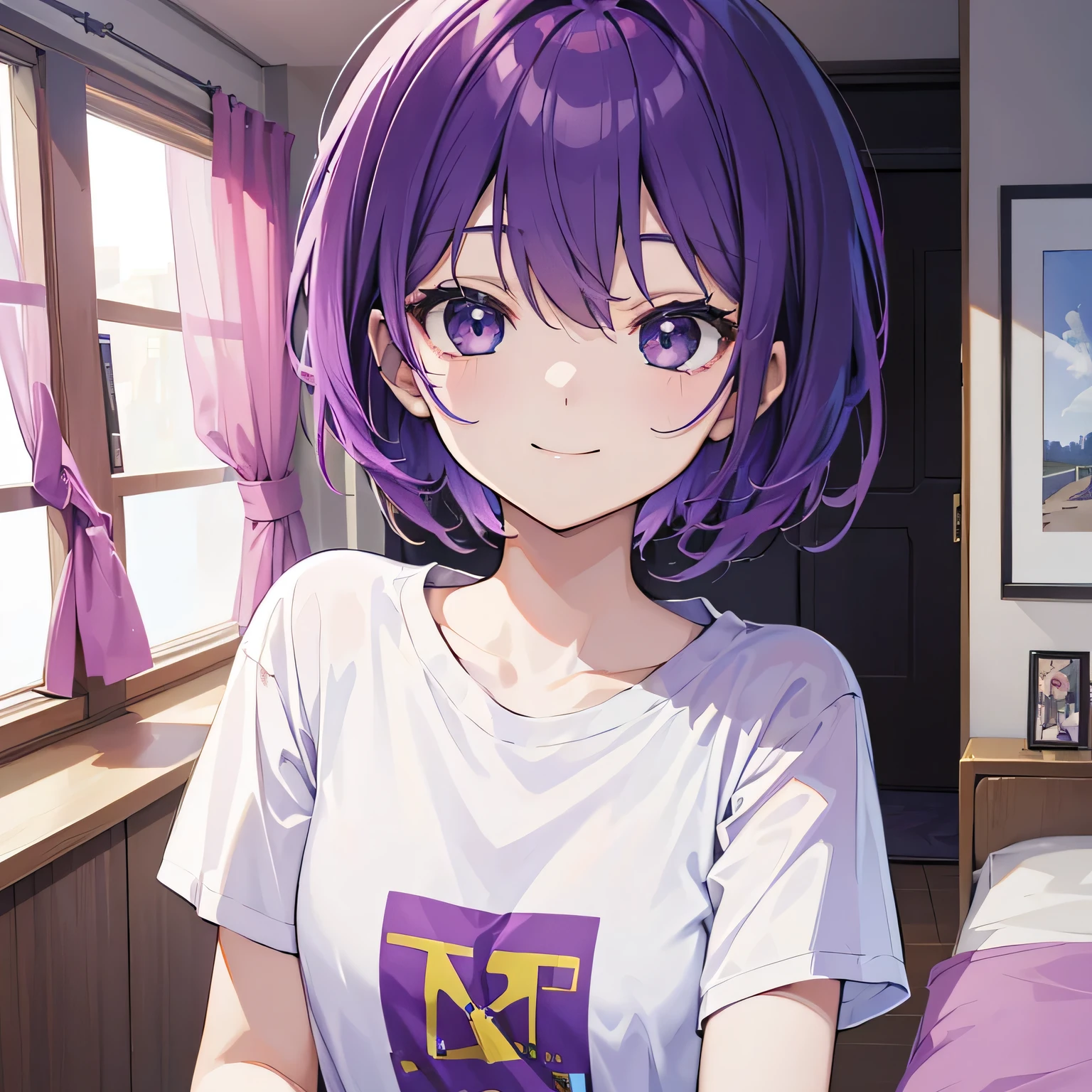 (T Masterpiece,4K wallpaper,Best Quality))、((1people))、(solo)、Bright and Brilliant,(Purple Hair)、(short hair:1.3)、smile、Bedroom、T-Shirts、morning