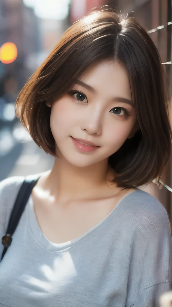 8k,Highest quality,(masterpiece:1.2),(Realistic),(Realistic:1.37),Ultra-high resolution,1 female college student,city,smile,Beautiful Eyes,(((Cute casual clothes))),Big Breasts,Perfect body,Perfect Fingers,Professional Lighting,gravure,Detailed face and skin texture,fine grain,RAW Photos