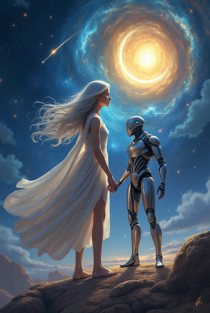 create an image with Luna a human, Sol is a human and Estel is a robot with the title Luna's Journey Through the Star Path