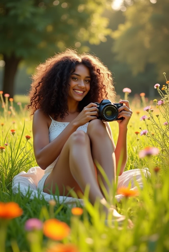 A brunette girl with curly hair and  sits with her legs stretched out, taking a realistic photo